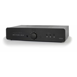 PR200 stereo amplifier with black front panel, large center volume knob, left input indicators, and playback control buttons.