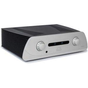 Atoll PR400 stereo integrated amplifier with silver front panel, two large knobs, central display, and black vented heat sink fins