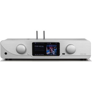 Silver stereo amplifier with central touchscreen display, two large knobs, antennas on top, and SDA200 branding on the right.