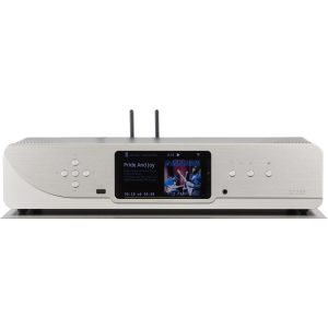 Naim ST200 network music streamer with brushed aluminum front, color display showing Pride And Joy, USB port, and two antennas.