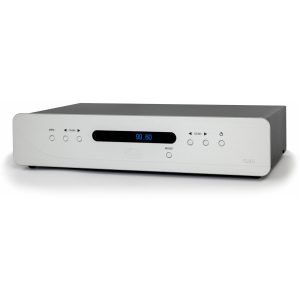 Silver front-panel audio component (model TU80) with a blue LED display and multiple control buttons.