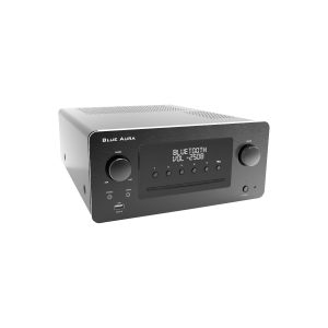 Blue Aura Bluetooth stereo amplifier with front-panel display, left source knob, right volume knob, USB port.