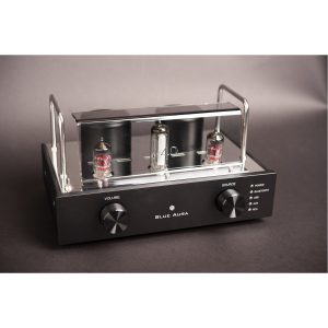 Blue Aura V40 vacuum tube amplifier with glass cover, three tubes, black front panel, volume and source knobs.