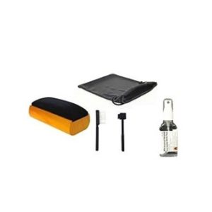 Compact tool kit with two wrenches, roll-up pouch, orange-black case, and small bottle of lubricant.