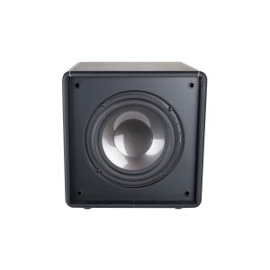 Black speaker cabinet with a single circular woofer mounted on the front panel.