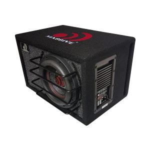 Massive Audio powered subwoofer enclosure with built-in amplifier, black carpet finish, front protective grille, and rear control panel.