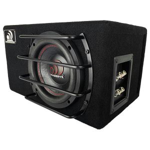 Massive Audio subwoofer in a black carpeted enclosure with a protective front grille and side binding posts.