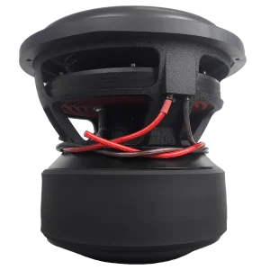 Rear view of a large black woofer loudspeaker driver with red wires connected to the voice coil and magnet assembly