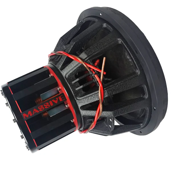 Massive Audio Boa121-N Massive subwoofer driver with black basket, red accents, and visible magnet assembly.