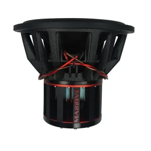 Massive subwoofer driver with black frame, red accents, and exposed magnet.