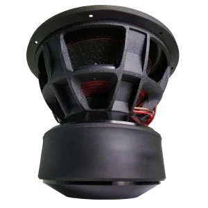 Large subwoofer driver with black frame, red voice coil, and round magnet housing.