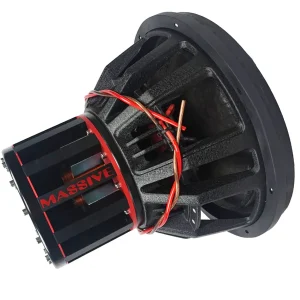 Massive subwoofer driver with black frame, large magnet, red accents, and exposed voice coil.