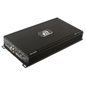 Blade car amplifier in a black metal chassis with cooling fins and front RCA inputs.