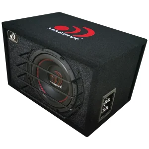 Massive subwoofer enclosure with a 12-inch woofer, protective grille, black carpet finish, and a side terminal panel.