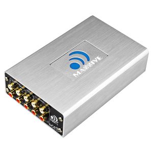 Massive wireless audio distribution box in brushed aluminum with multiple RCA connectors on the front panel.