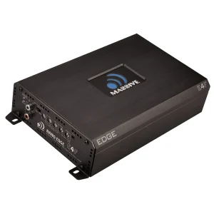Massive Audio Nano Edge E4F four-channel car amplifier with brushed black finish and mounting ears.