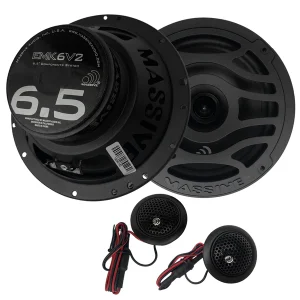 Massive EMK6V2 6.5-inch component car speaker system with two woofers, two tweeters, and wiring.