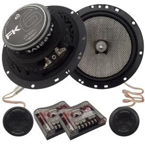 Massive Audio car speaker kit with two 6.5-inch woofers, two tweeters, crossovers, and wiring harnesses