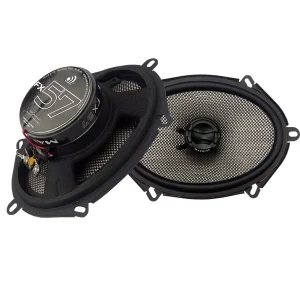 Pair of round coaxial car speakers with black frames and metal mesh cones.