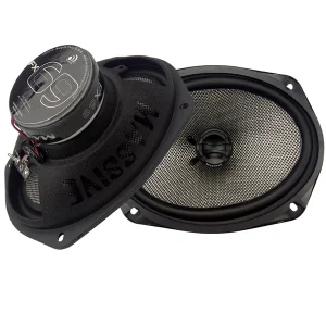 Two oval car audio speakers with black frames and silver mesh cones, one exposing the magnet and wiring.