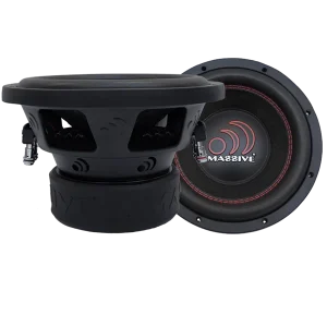 Massive Audio subwoofer with black frame, red stitched surround, and logo on dust cap.
