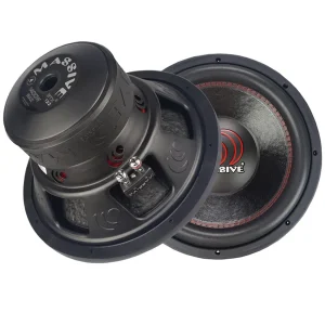 Pair of black car subwoofers with red surrounds and exposed magnets.