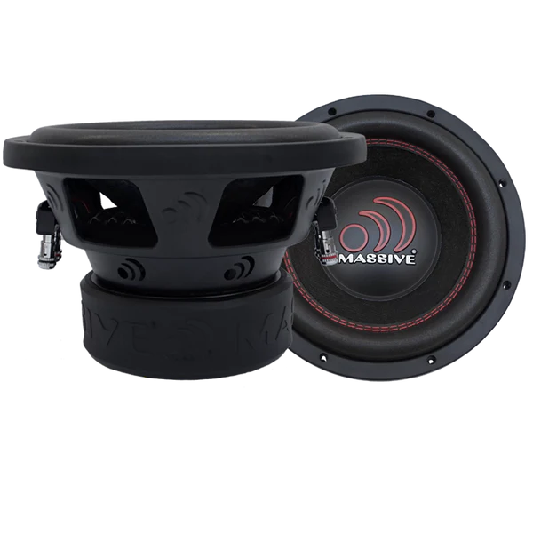 Massive Audio Gtx84 Massive audio subwoofer with black cone, red stitched surround, and circular logo on the center cap.