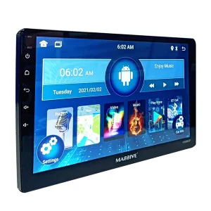 Massive Android car infotainment head unit with large touchscreen and app icons.