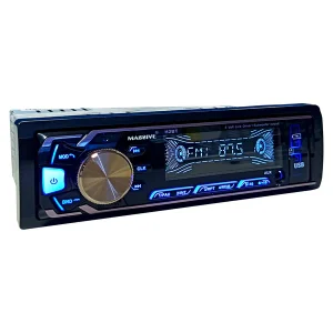 Massive H2BT car stereo head unit with blue LED display, large knob, USB and AUX ports.