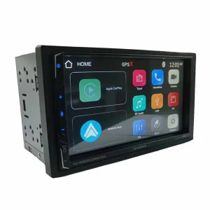Touchscreen car stereo head unit with Android Auto and Apple CarPlay icons, black bezel and side control buttons.