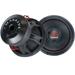 Massive brand 12-inch car subwoofers with black baskets, red trim, and branded dust caps.