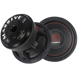 Massive Audio subwoofer with black frame, red-stitch cone, and large MASSIVE logo on dust cap.