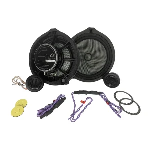 Car audio speaker kit with two large round coaxial woofers, tweeters, crossovers, wiring harnesses and mounting hardware.
