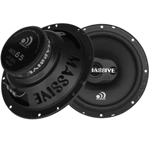 Massive MX65 6.5 inch car subwoofer pair with black woofer cones and branded center caps.