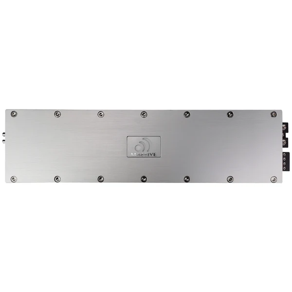 Massive Audio P8 Long metal electronic module with numerous screws and side connectors, featuring a centered square logo plaque.