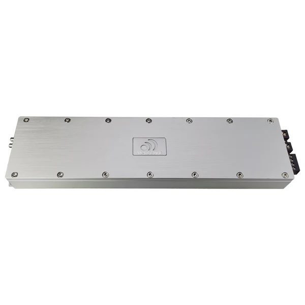 Massive Audio P8 Silver rectangular industrial electronic enclosure with screws around edges and a multi-pin connector on one end; center logo visible.