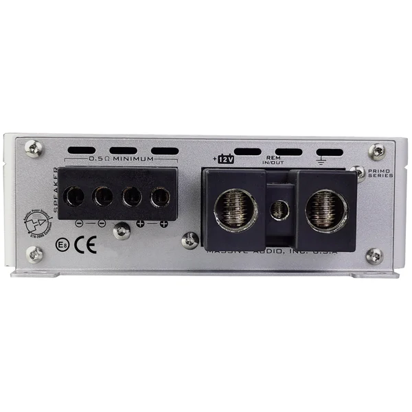 Massive Audio P8 Primo series car audio amplifier back panel with 0. 5ω minimum, +12v and rem in/out terminals, and speaker connections.