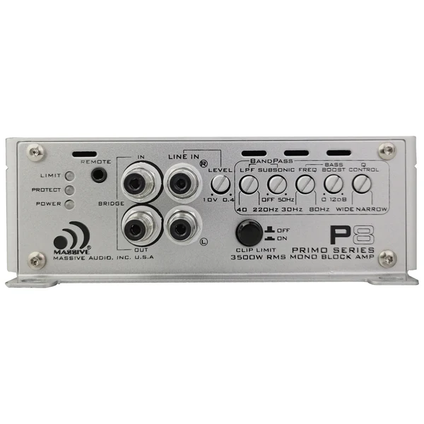 Massive Audio P8 Massive audio p8 primo series 3500w rms mono car amplifier with line-in, rca inputs, and level controls.