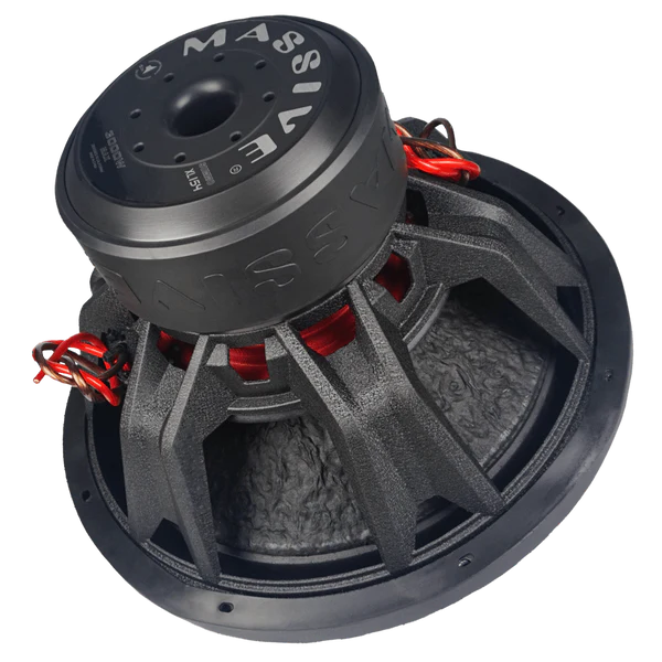 Massive Audio Summoxl154 Massive audio car subwoofer with large magnet, black frame, and visible red voice coil wires.