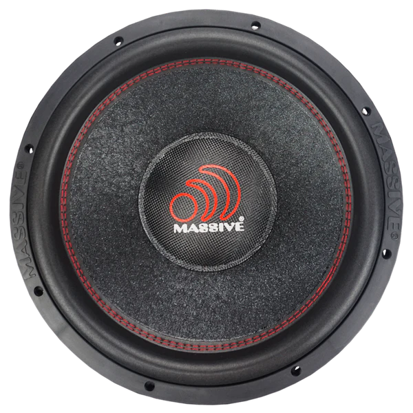 Massive Audio Summoxl154 Massive audio subwoofer with black cone, red stitching, and red wave logo on center cap.