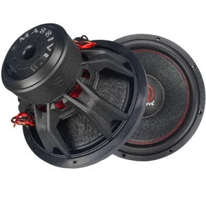 Massive Audio subwoofer pair with large magnets, black frames, and red accents.