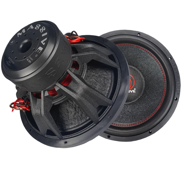 Massive Audio Summoxl154 Massive audio subwoofer pair with large magnets, black frames, and red accents.