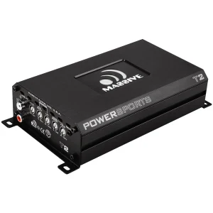 Massive Audio PowerSports T2 car amplifier with black brushed finish and front-panel RCA inputs and controls