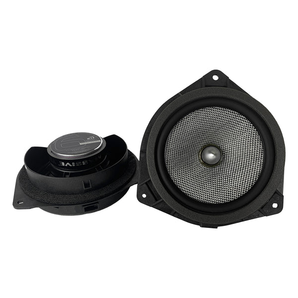 Massive Audio Toy6K Two-way car speaker set with round woofer and separate tweeter in black mounting frames.