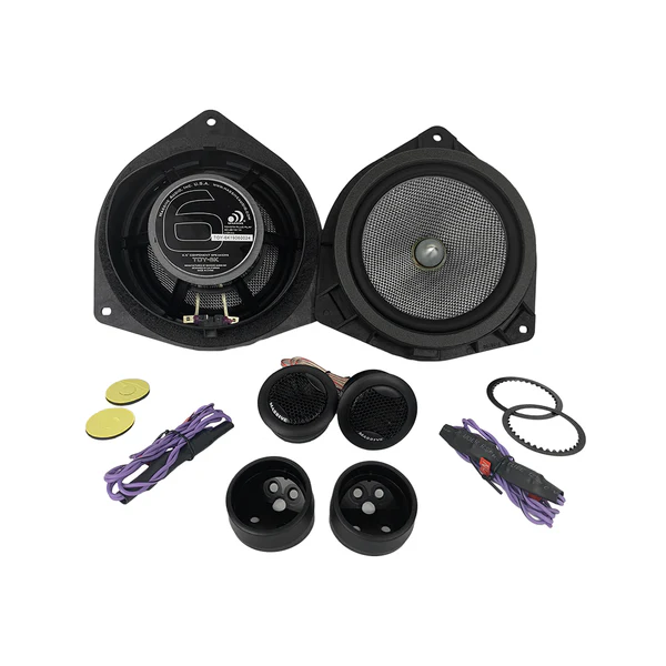 Massive Audio Toy6K Car audio speaker kit with two 6. 5-inch woofers, tweeters, crossovers, mounting adapters, rings, and wiring harnesses.