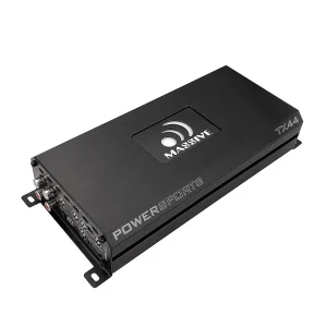 Massive PowerSports TX44 car amplifier in a black metal enclosure with mounting flanges.