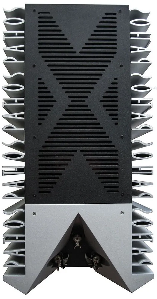 Pathos Adrenalin Power amplifier heat sink enclosure with black vented front showing an x-shaped grille and gray angled base.