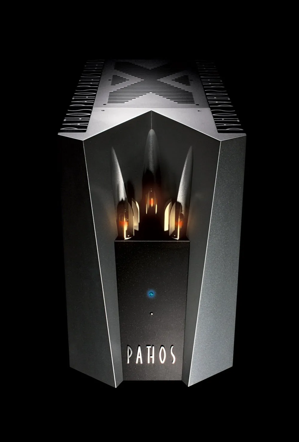 Pathos Adrenalin Pathos vacuum-tube audio amplifier with exposed glowing tubes inside a black angular chassis.