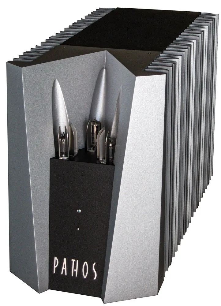 Pathos Adrenalin Pathos vacuum tube audio amplifier with large side heatsinks and exposed tubes.