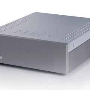 Silver metal power amplifier enclosure with perforated top vents, front panel power button, and green status LED.